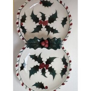 Lefton 031 Hand Decorated Holly and Red Berries Double Candy Dish Divided‎